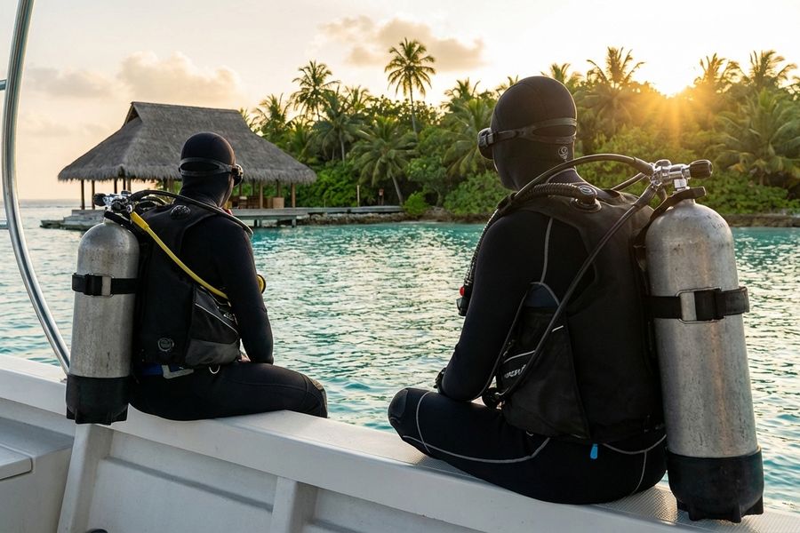 potápěči na lodi sledují tropický ostrov před ponorem