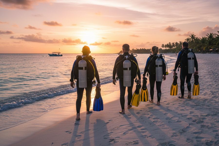 skupina potápěčů kráčí po bílé písečné pláži do moře při západu slunce, rekreační potápění v tropech